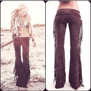 LONG LENGTH Hip Hugger Fringe Bell Bottoms in BROWN TIE DYE Boho Festival Rocker